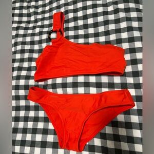 Solid & Striped One-Shoulder Orange-Red Bikini Top with Ring Detail